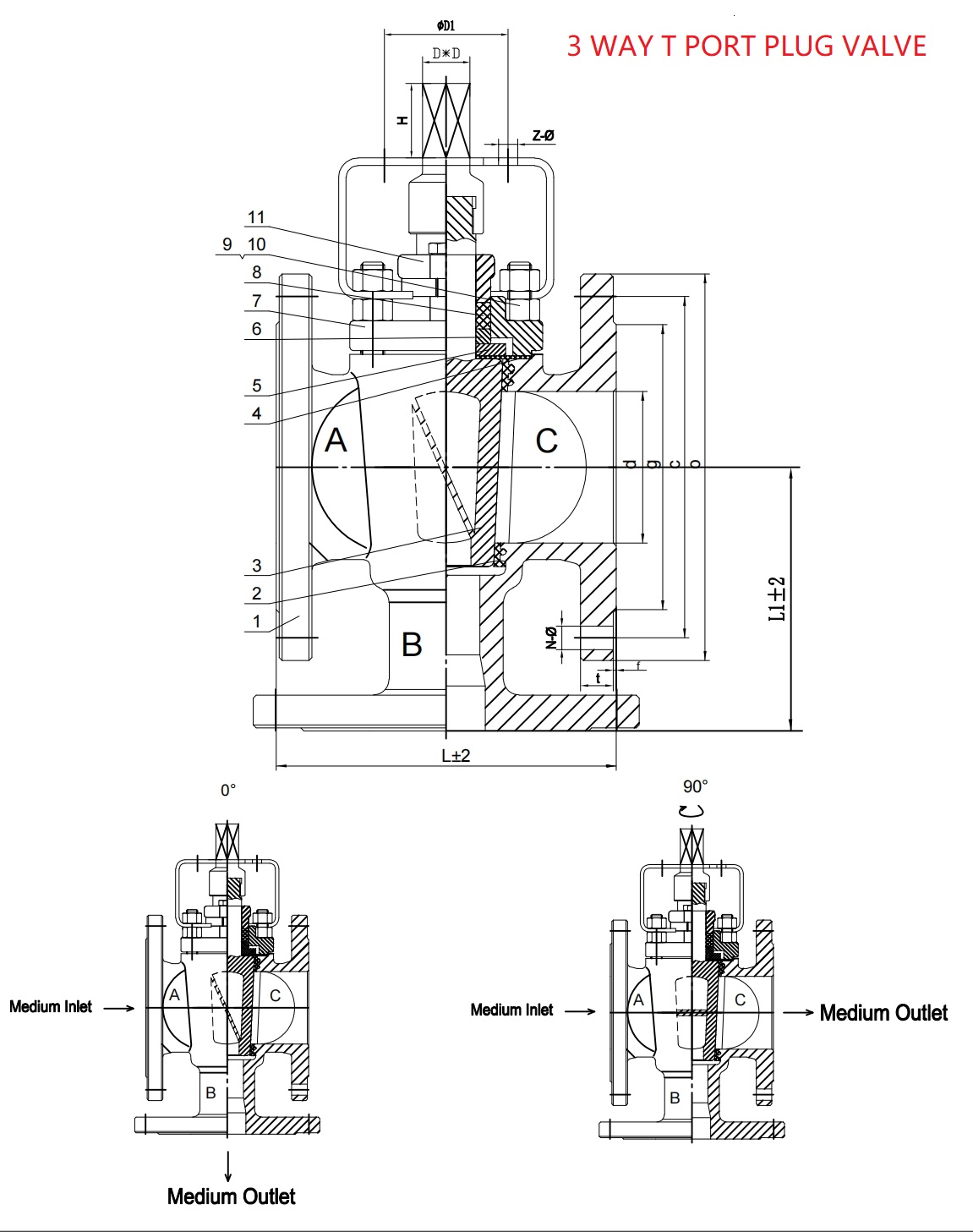 T type 3 way plug valve